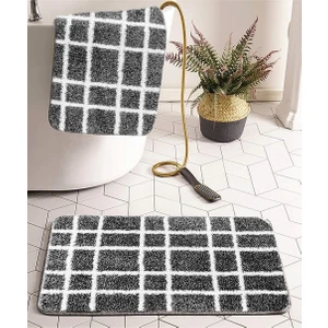 Royal Shaggy Kareli 2'li Set Kaymaz Taban Banyo Paspası