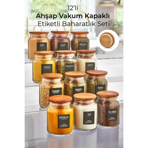 Myrina Etiketli 12'li Ahşap Vakumlu Kapaklı Baharatlık Takımı 300ML X12