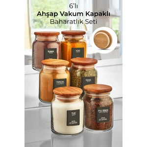Myrina Etiketli 6'lı Ahşap Vakumlu Kapaklı Baharatlık Takımı 300ML X6