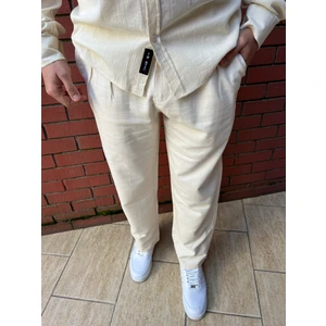 Keten Kumaş Fermuarlı Düğmeli Baggy Pantolon