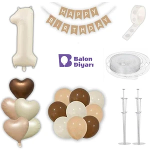 Balon Diyarı Retro Doğum Günü Parti Seti – Krem Rakam Folyo, Kraft Banner, 3'lü Kalp Folyo ve Lateks Balonlar