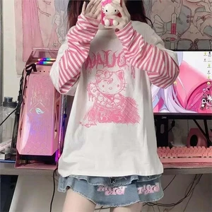Veteran Hello Kitty Beyaz Unisex Pembe Çizgili Kollu Sweatshirt