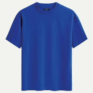 Unisex Bisiklet Yaka %100 Organik Pamuklu Kalın Dokulu Düz Oversize T-Shirt - Saks Mavisi
