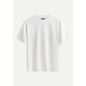 Unisex Bisiklet Yaka %100 Organik Pamuklu Kalın Dokulu Düz Oversize T-Shirt - Ekru