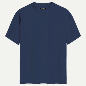 Unisex Bisiklet Yaka %100 Organik Pamuklu Kalın Dokulu Düz Oversize T-Shirt - Lacivert