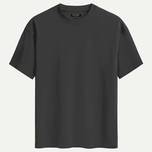 Unisex Bisiklet Yaka %100 Organik Pamuklu Kalın Dokulu Düz Oversize T-Shirt - Füme