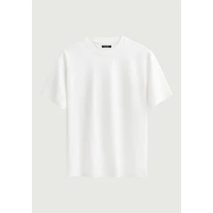 Unisex Bisiklet Yaka %100 Organik Pamuklu Kalın Dokulu Düz Oversize T-Shirt - Beyaz