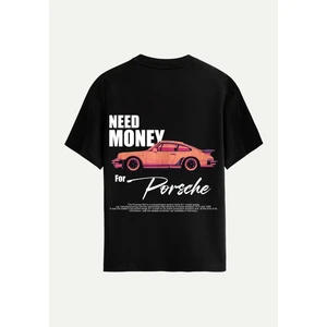 Unisex Bisiklet Yaka %100 Organik Pamuklu Kalın Dokulu Need Money For Porsche Baskılı Oversize T-Shirt - Siyah