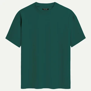 Unisex Bisiklet Yaka %100 Organik Pamuklu Kalın Dokulu Düz Oversize T-Shirt - Koyu Yeşil