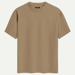 Unisex Bisiklet Yaka %100 Organik Pamuklu Kalın Dokulu Düz Oversize T-Shirt - Açık Kahverengi