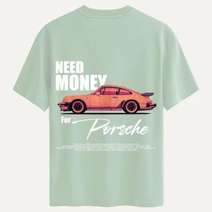 Unisex Bisiklet Yaka %100 Organik Pamuklu Kalın Dokulu Need Money For Porsche Baskılı Oversize T-Shirt - Bej