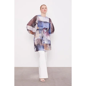 Indigo Karışık Fırça Desen Şifon Tunik