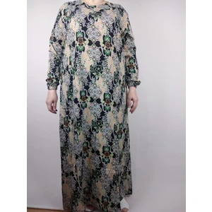 Kadın Bej Yeşil Beşgen Yaka Uzun Kollu Kol Bilek Lastikli Yazlık Viskon Uzun Anne Elbise 2 cm Suya Çeker