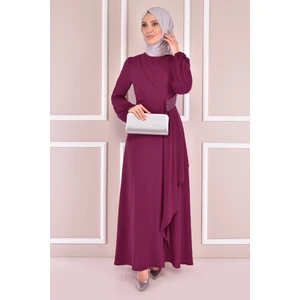 Kadın Giyim Abiye Moda Kemeri Taşlı Asimetrik Krep Tesettür Abiye Elbise 2597