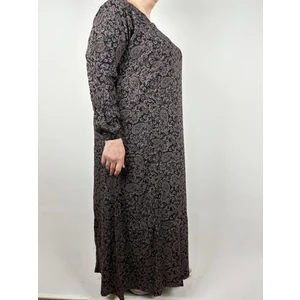 Kadın Kahverengi Beşgen Yaka Uzun Kollu Kol Bilek Lastikli Yazlık Viskon Uzun Elbise 2 cm Suya Çeker