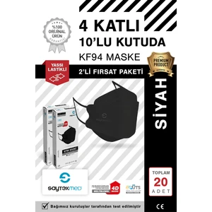 KF94 Kore Tipi, 4 Katlı, Siyah Maske, Tekli Paket, Uv Steril (2 Kutu/ 20 Adet)