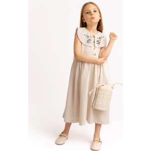 Nakışlı Roba Yaka Keten Elbise 2-7 Yaş Naturel