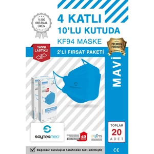 KF94 Kore Tipi, 4 Katlı, Mavi Maske, Tekli Paket, Uv Steril (2 Kutu/ 20 Adet)