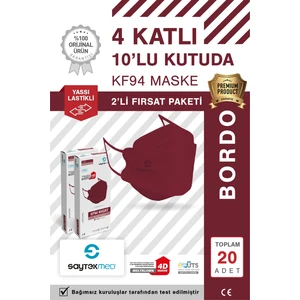 KF94 Kore Tipi, 4 Katlı, Bordo Maske, Tekli Paket, Uv Steril (2 Kutu/ 20 Adet)