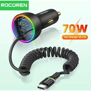 70W Yaylı Şarj Kablolu 3 Girişli Type-C ve Usb Hızlı CE+Rohs Lisanslı Orjinal Sağlam Araç Şarjı