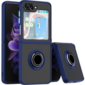 Samsung Galaxy Z Flip 5 Uyumlu Kılıf Yüzüklü Standlı Extra Darbe Koruma Sert Silikon Kapak - Lacivert