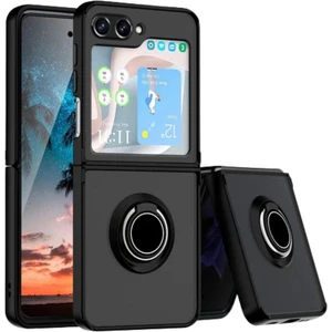 Samsung Galaxy Z Flip 5 Uyumlu Kılıf Yüzüklü Standlı Extra Darbe Koruma Sert Silikon Kapak - Siyah
