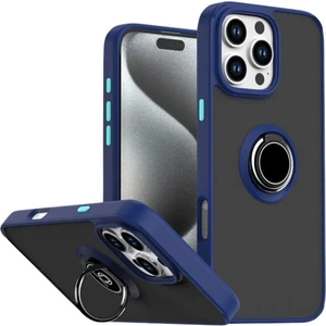 Apple iPhone 15 Pro Max Uyumlu Kılıf Yüzüklü Standlı Extra Darbe Koruma Sert Silikon Kapak - Lacivert