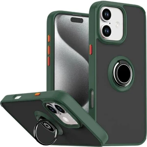 Apple iPhone 16 Plus Uyumlu Kılıf Yüzüklü Standlı Extra Darbe Koruma Sert Silikon Kapak - Yeşil