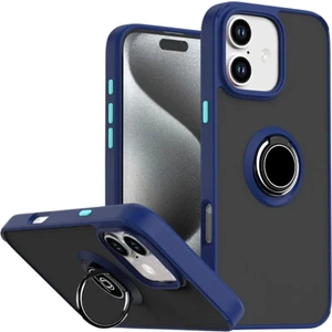 Apple iPhone 16 Uyumlu Kılıf Yüzüklü Standlı Extra Darbe Koruma Sert Silikon Kapak - Lacivert