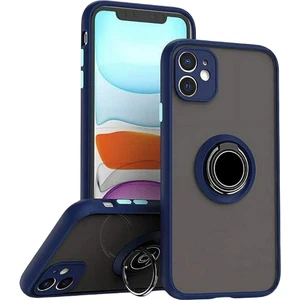 Apple iPhone 11 Uyumlu Kılıf Yüzüklü Standlı Extra Darbe Koruma Sert Silikon Kapak - Lacivert