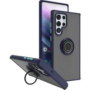 Samsung Galaxy S22 Ultra Uyumlu Kılıf Yüzüklü Standlı Extra Darbe Koruma Sert Silikon Kapak - Lacivert