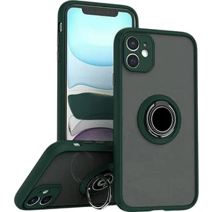 Apple iPhone 12 Uyumlu Kılıf Yüzüklü Standlı Extra Darbe Koruma Sert Silikon Kapak - Yeşil