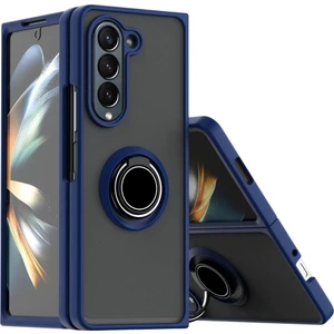 Samsung Galaxy Z Fold 5 Uyumlu Kılıf Yüzüklü Standlı Extra Darbe Koruma Sert Silikon Kapak - Lacivert