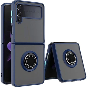 Samsung Galaxy Z Flip 3 Uyumlu Kılıf Yüzüklü Standlı Extra Darbe Koruma Sert Silikon Kapak - Lacivert