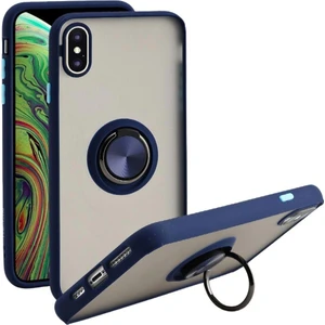 Apple iPhone Xs Uyumlu Kılıf Yüzüklü Standlı Extra Darbe Koruma Sert Silikon Kapak - Lacivert