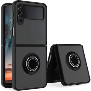 Samsung Galaxy Z Flip 4 Uyumlu Kılıf Yüzüklü Standlı Extra Darbe Koruma Sert Silikon Kapak - Siyah