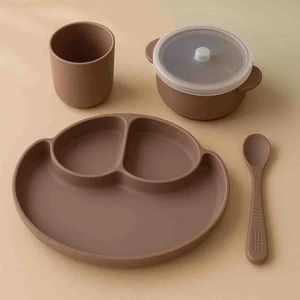 CKM Silikon Silikon Bebek Mama Seti- Bölmeli Mama Tabağı Kaşık Kase ve Bardak
