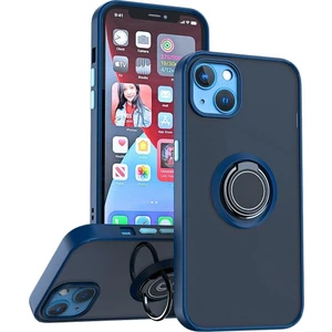 Apple iPhone 14 Uyumlu Kılıf Yüzüklü Standlı Extra Darbe Koruma Sert Silikon Kapak - Lacivert
