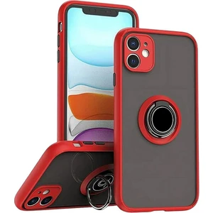 Apple iPhone 12 Uyumlu Kılıf Yüzüklü Standlı Extra Darbe Koruma Sert Silikon Kapak - Kırmızı