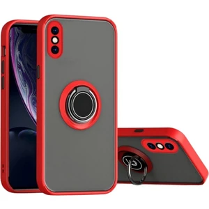 Apple iPhone x Uyumlu Kılıf Yüzüklü Standlı Extra Darbe Koruma Sert Silikon Kapak - Kırmızı