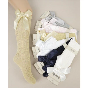 1 Adet Kız Çocuk Pembe Desenli Pembe Diz Altı Kurdeleli Çorap