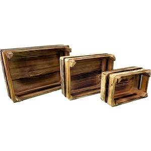 3'lü Yakma Desenli Ahşap Kasa Seti - Rustik Dekoratif Saklama ve Düzenleyici Kasalar