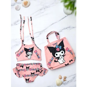 Kız Çocuk Karakter Baskılı Eteği Fırfırlı- Ip Bağlamalı Çanta Mayo Bikini 3 Lü Takım