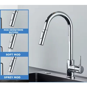 Mutfak Evye Bataryası Krom Spiralli Çek Bırak Uzayan 2 Modlu Başlık Yağmurlama Sprey Prinç Musluk