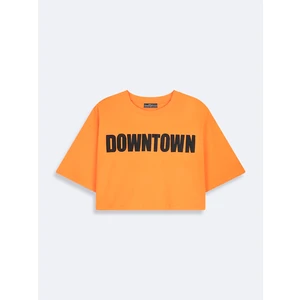 Kadın  Baskılı Basıc Örme Kare Crop Sloganlı Turuncu T-shırt