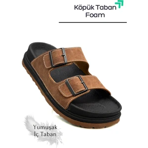 Çift Toka Ayarlanabilir Genişlik Köpük Taban Rahat Deri Erkek Terlik Taba