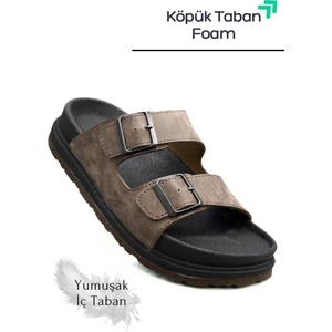 Çift Toka Ayarlanabilir Genişlik Köpük Taban Rahat Deri Erkek Terlik Kahve