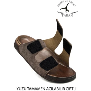 Çift Toka Ayarlanabilir Genişlik Esnek Rahat Deri Erkek Terlik 25103 C Kahve