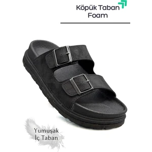 Çift Toka Ayarlanabilir Genişlik Köpük Taban Rahat Deri Erkek Terlik Siyah