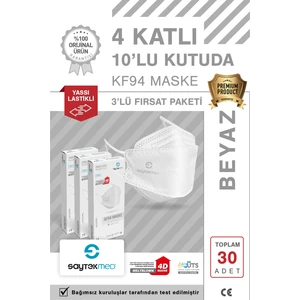 KF94 Kore Tipi, 4 Katlı, Beyaz Maske, Tekli Paket, Uv Steril (3 Kutu/ 30 Adet)